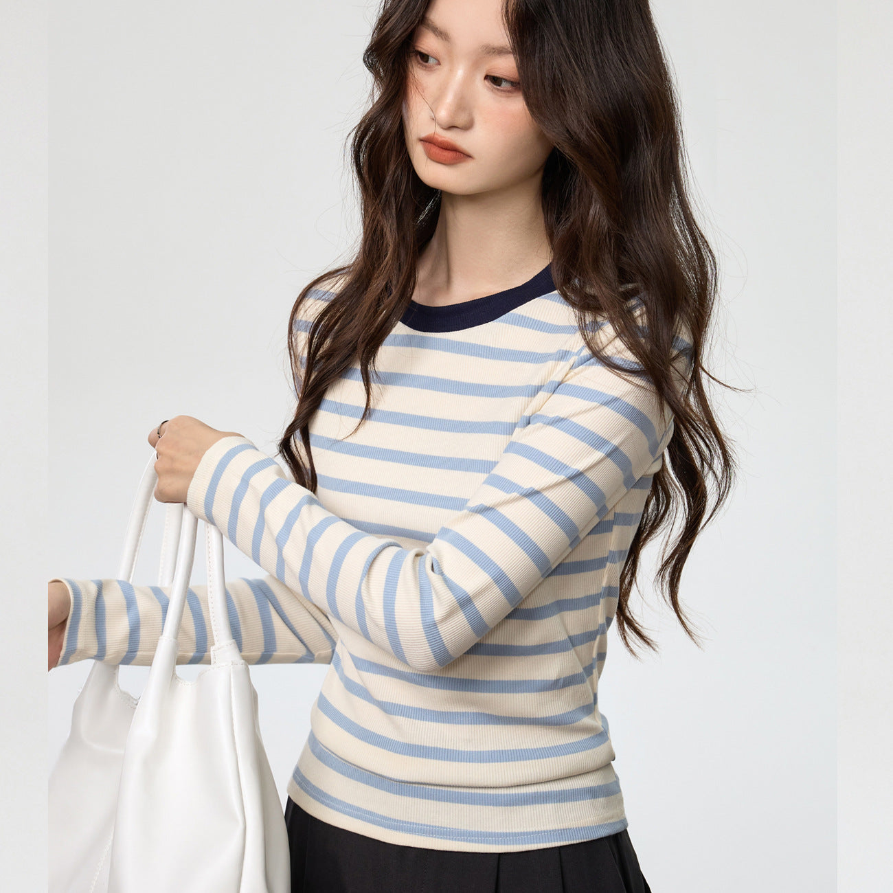 #Selection of pure cotton #Contrasting striped round neck long-sleeved T-shirt women's 2026 autumn and winter new slim-fitting and thin bottoming top