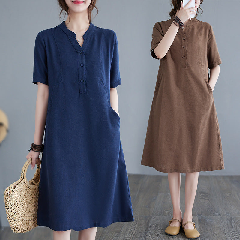 The real shot is in the summer of 2025, the new literary and loose solid color cotton and linen V-neck short-sleeved dress for women's medium and long 1685 #