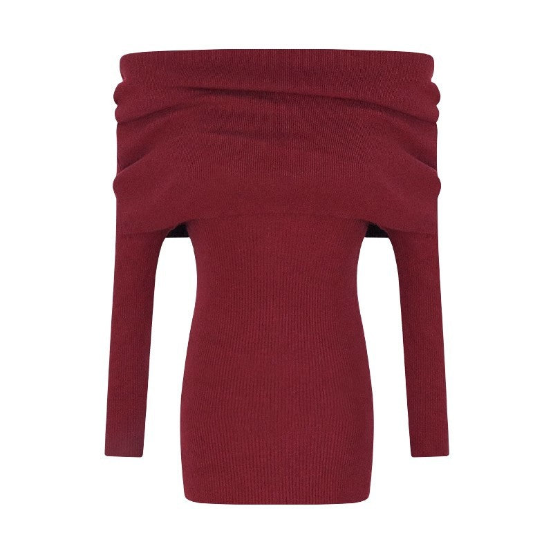 Autumn women's clothing 2025 new high-end long-sleeved one-word shoulder knitted dress red hip-wrapped short skirt children
