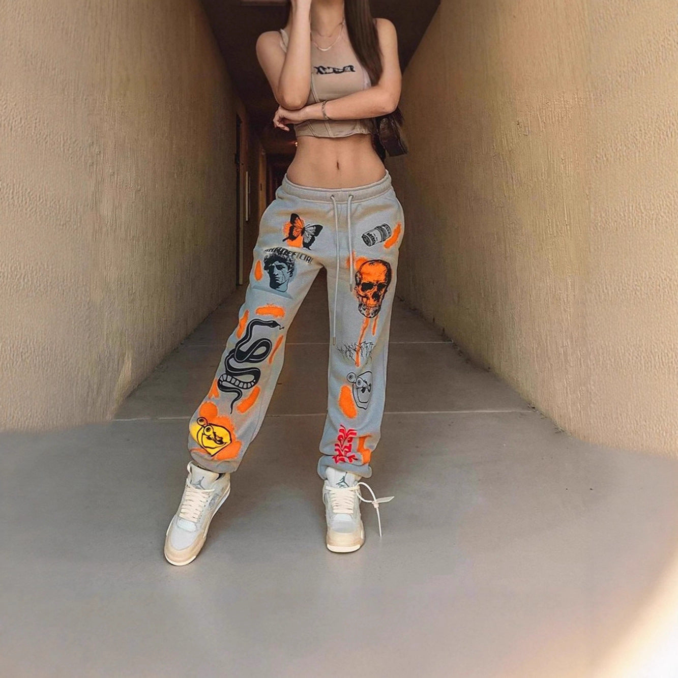 2025 cross-border European and American women's clothing new kuzi skull elements trend printing velvet high-waisted casual trousers