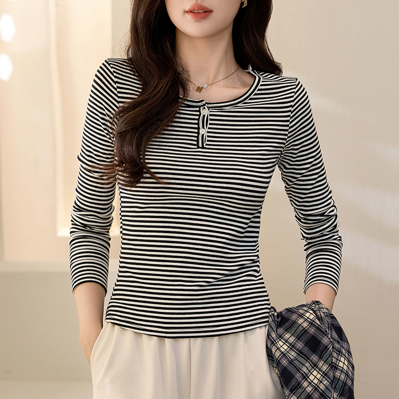 #Selection of high-quality products #pure cotton T-shirt women's striped long-sleeved top 2026 autumn and winter new high-end foreign-style bottoming shirt