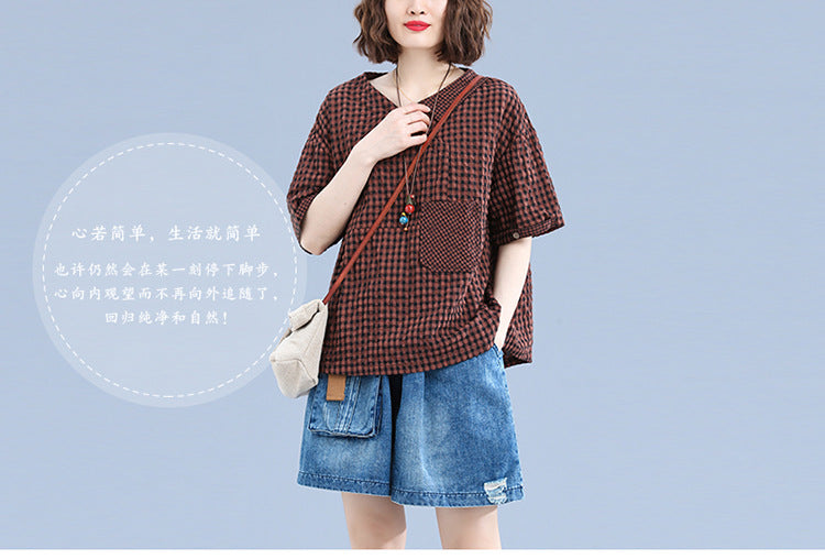 Summer 2024 New Literary Loose Cotton and Linen V-Neck Short Sleeve T-Shirt Women's Pullover #9931 #