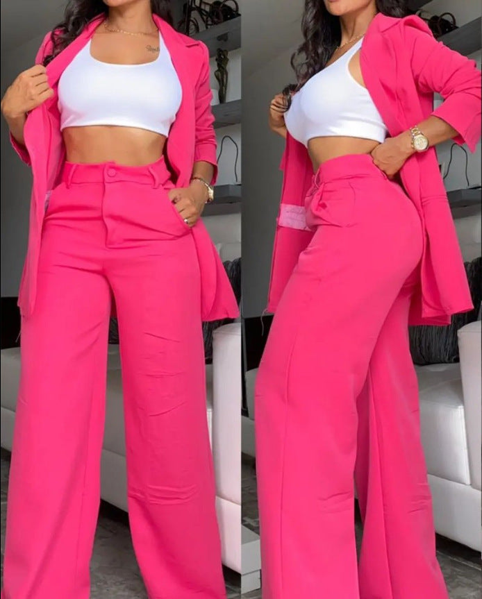 Cross-border 2025 European and American foreign trade summer women's clothing temperament elegant solid color split sleeve lapel suit straight pants suit women
