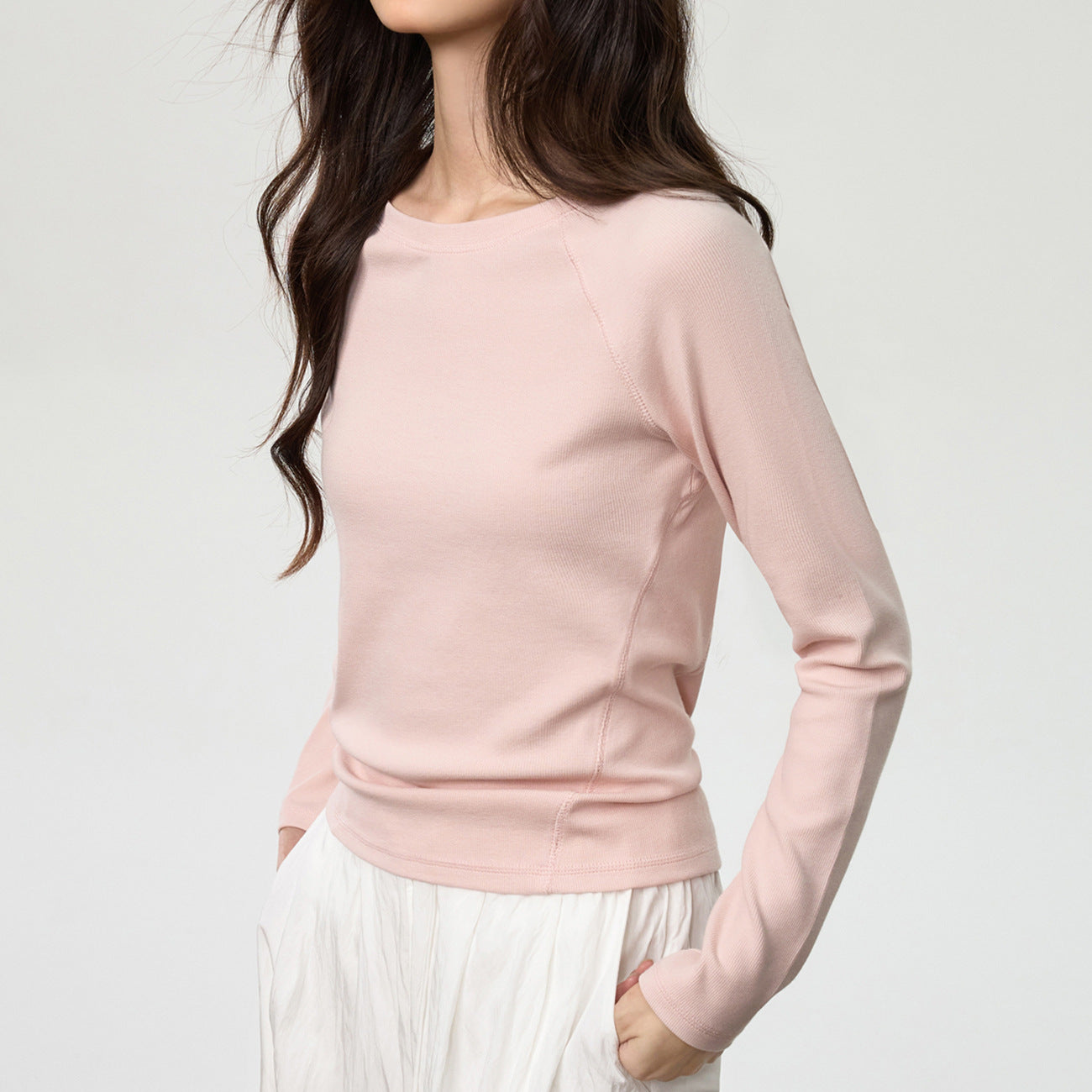 260G Youke silk, flower needle thread, seven pieces splicing heavy craftsmanship long-sleeved T-shirt women's simple solid color bottoming shirt top