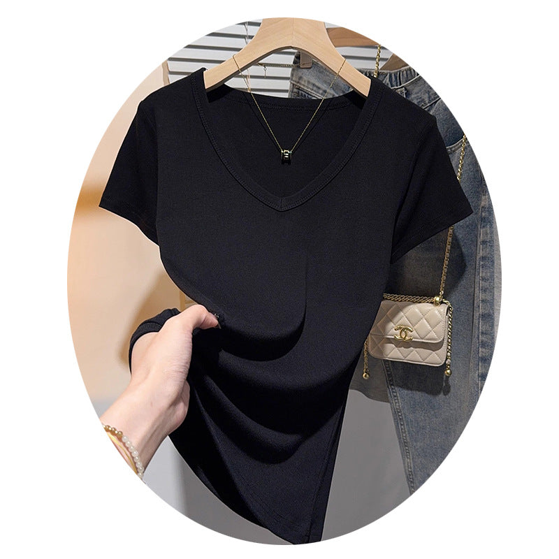 Summer new v-neck slim-fitting, meat-covering and thin, sexy inner cover, Korean version of unique chic half-sleeved versatile top