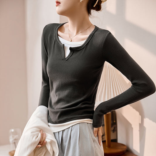 #Blended light modal cotton skin-friendly and soft #color matching fake two-piece T-shirt women's 2026 spring long-sleeved bottoming shirt