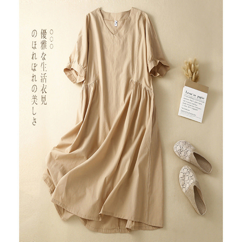 Real shot 2025 summer new literary large size loose solid color V-neck short-sleeved dress women's medium and long #8010