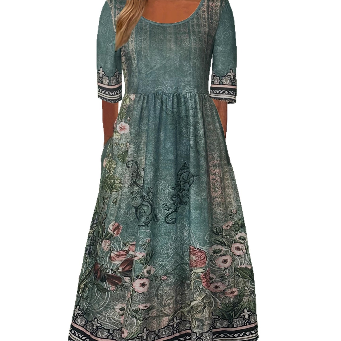 2025 Europe, America, Amazon summer new women's round neck short-sleeved long dress bohemian print dress women