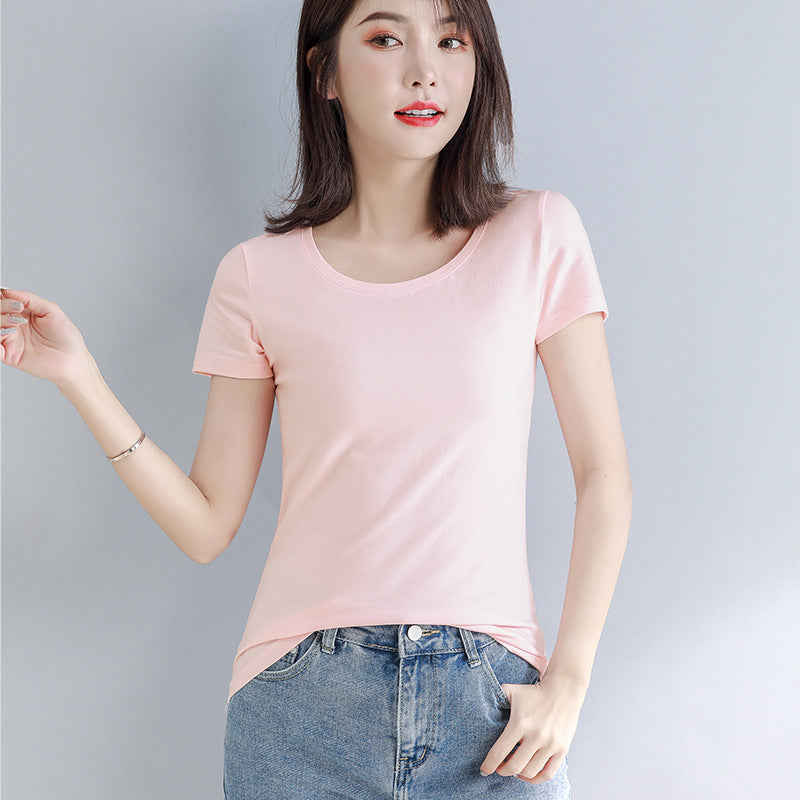 Lotus root pink short-sleeved t-shirt women's pure cotton summer beautiful small top summer ootd wear summer versatile bottoming shirt