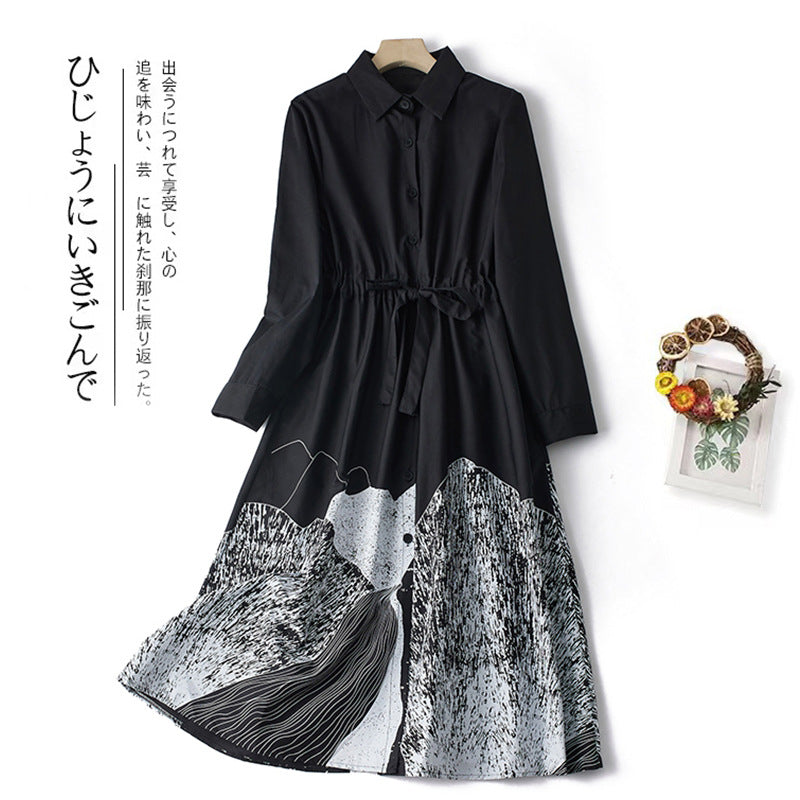 Real shot 2025 autumn new literary large size loose and thin printing long-sleeved dress women's clothing shirt skirt 301 #