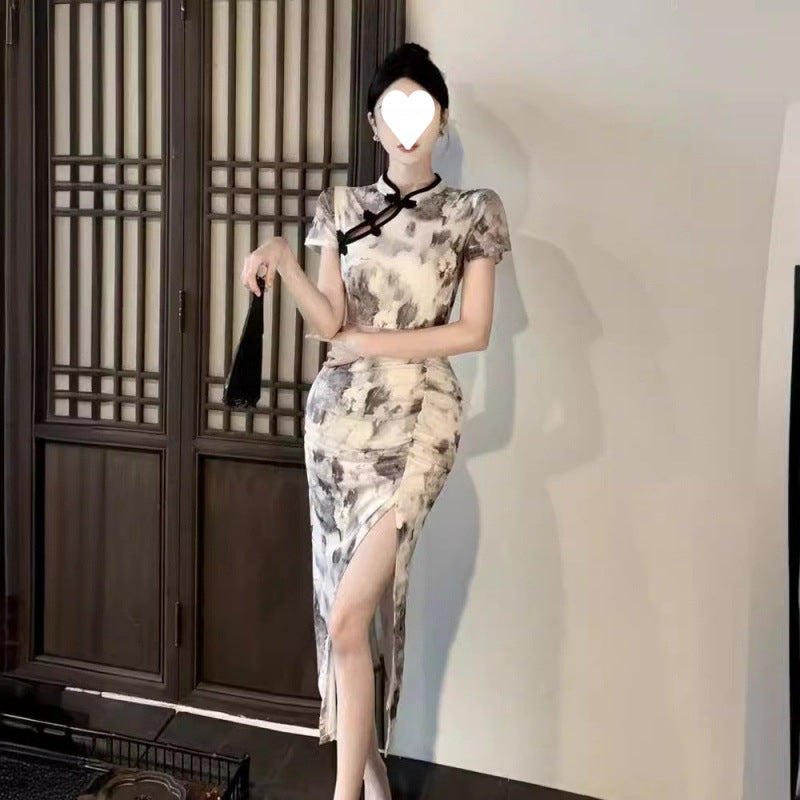 2025 retro Guochao printing improved cheongsam high split fork daily hip fold waist medium and long dress