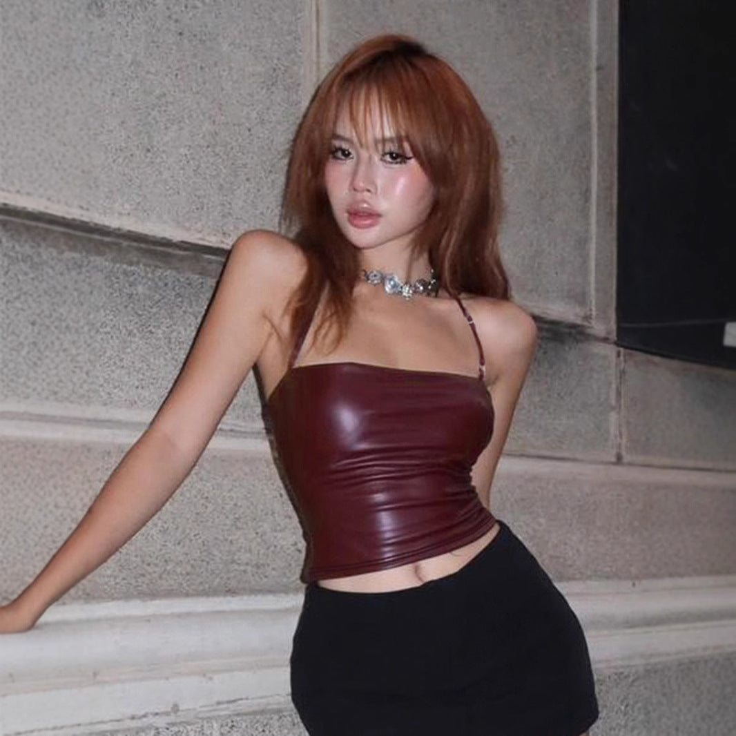 Love cloth forget locomotive wind girl wine PU splicing one word shoulder neck vest hot sexy outerwear halter top