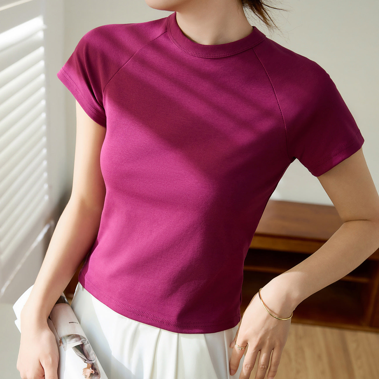 [Use good materials] Pure cotton high-waisted short T-shirt women's summer 2026 new round neck shoulder top short-sleeved bottoming shirt