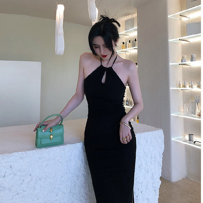 Black neck sexy off-the-shoulder dress slim-fitting waist-wrapped hip long dress small black skirt