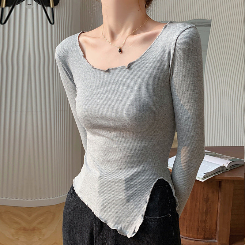 Selection of high elastic threaded cotton curled irregular slit T-shirt women's long-sleeved 2026 autumn new tight bottoming shirt