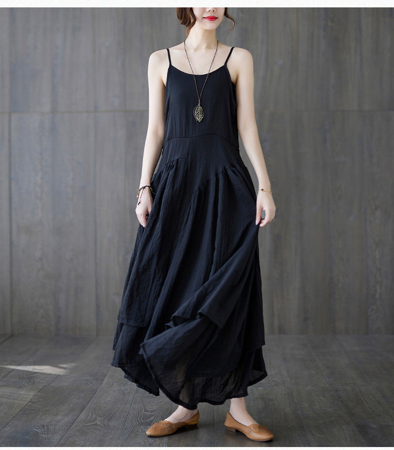 Real shot 2025 summer new literary large size loose solid color suspender dress women's irregular long dress 8237 #