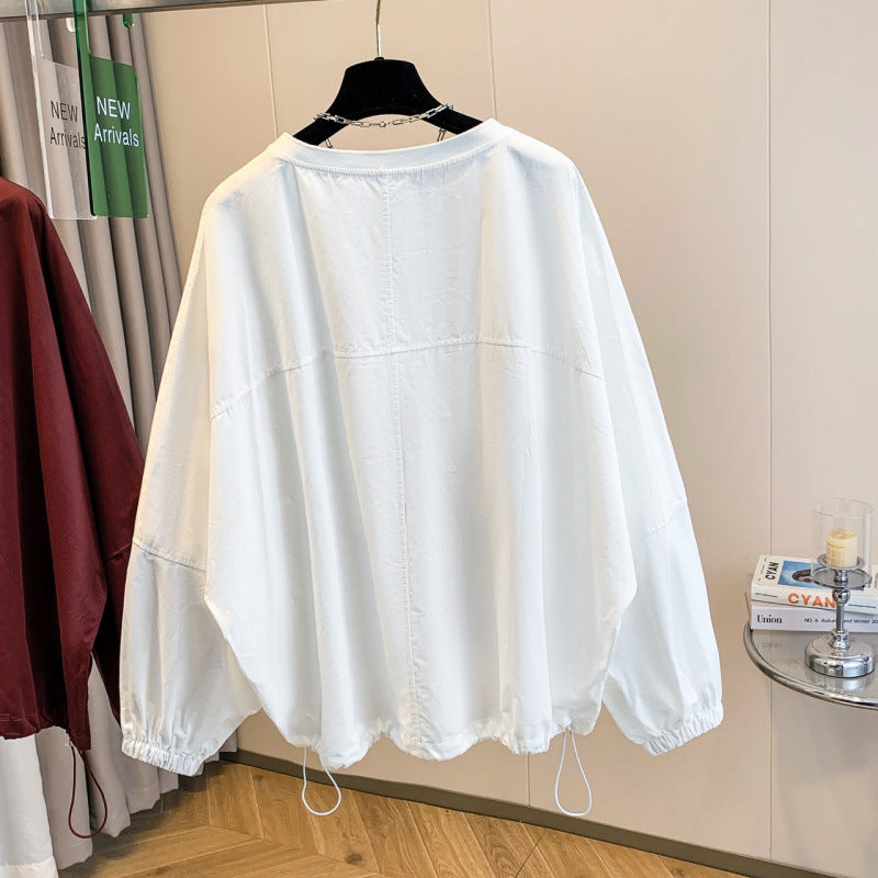 Real shot 2025 autumn new solid color loose casual bat sleeve round neck long sleeve T-shirt women's top