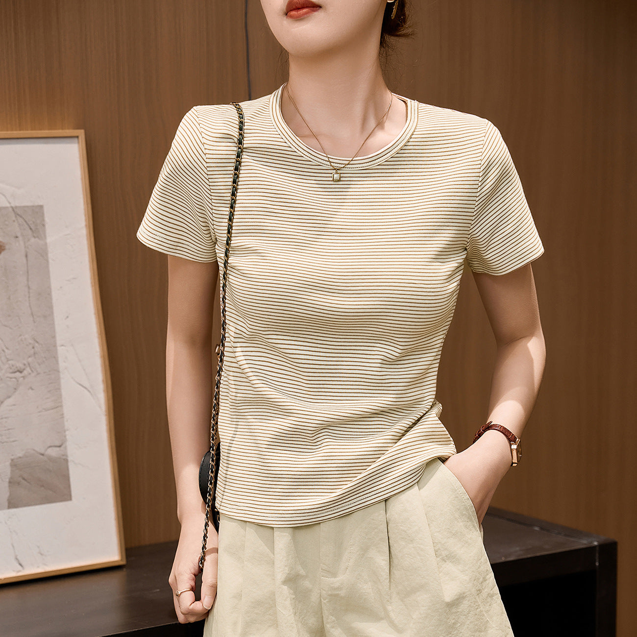 #Combed pure cotton #striped t-shirt women's short sleeve 2026 summer new slim and thin casual versatile crew neck top