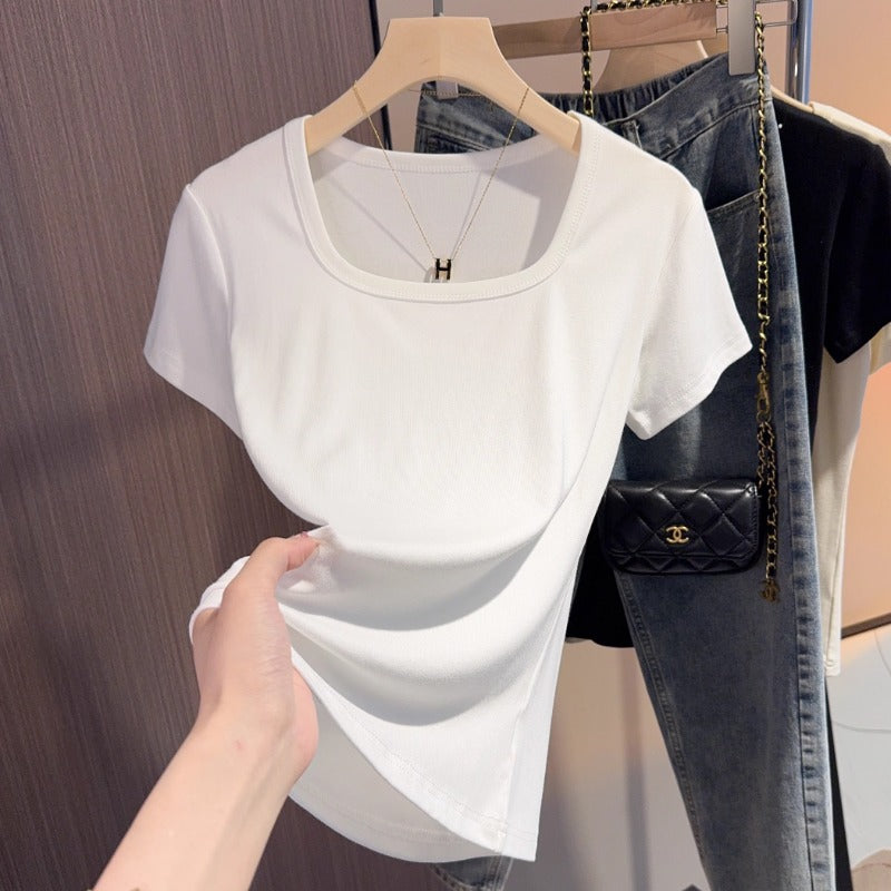 Black slim-fitting square-neck short-sleeved T-shirt women's 2025 new summer versatile front-shoulder t-shirt low-neck exposed collarbone top