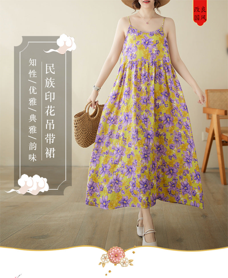 In the summer of 2024, the new literary and retro pastoral fairy beach dress pullover sleeveless suspender dress women