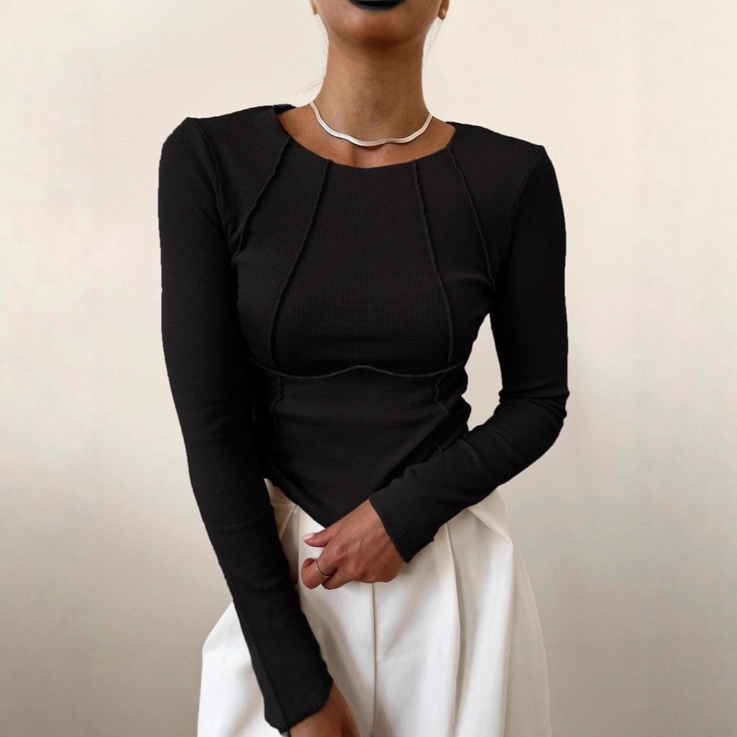 2025Shein European and American new spring and autumn cross-border foreign trade sweet and spicy solid color split chest long-sleeved crew neck T-shirt short