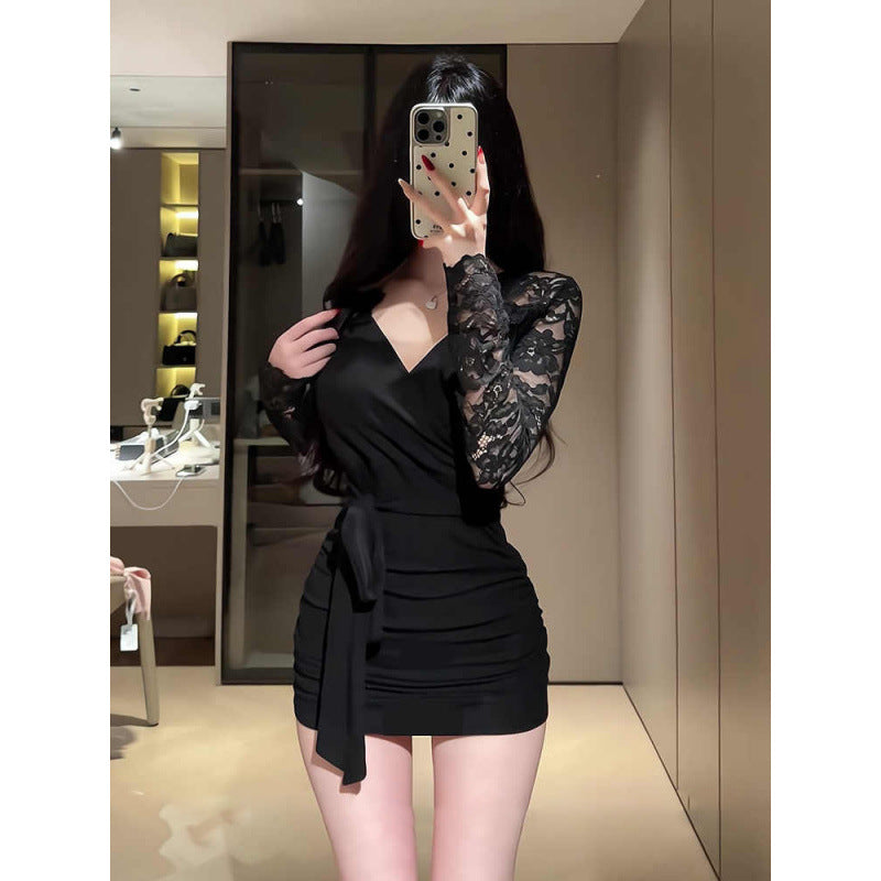 Black temperament, V-neck long sleeves, inner dress, women's spring hot girl, slimming slimming lace hip-hugging short skirt