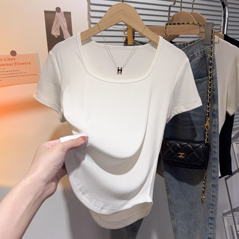 apricot square collar pure desire short-sleeved T-shirt women's summer 2025 new waist fold slim and thin shoulder top