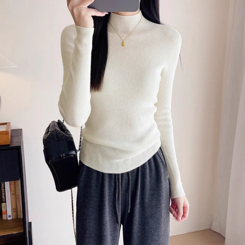 Seamless stand-up collar shiny silk wool bottoming shirt women's early autumn popular wear slim-fitting semi-turtleneck knitted sweater flash