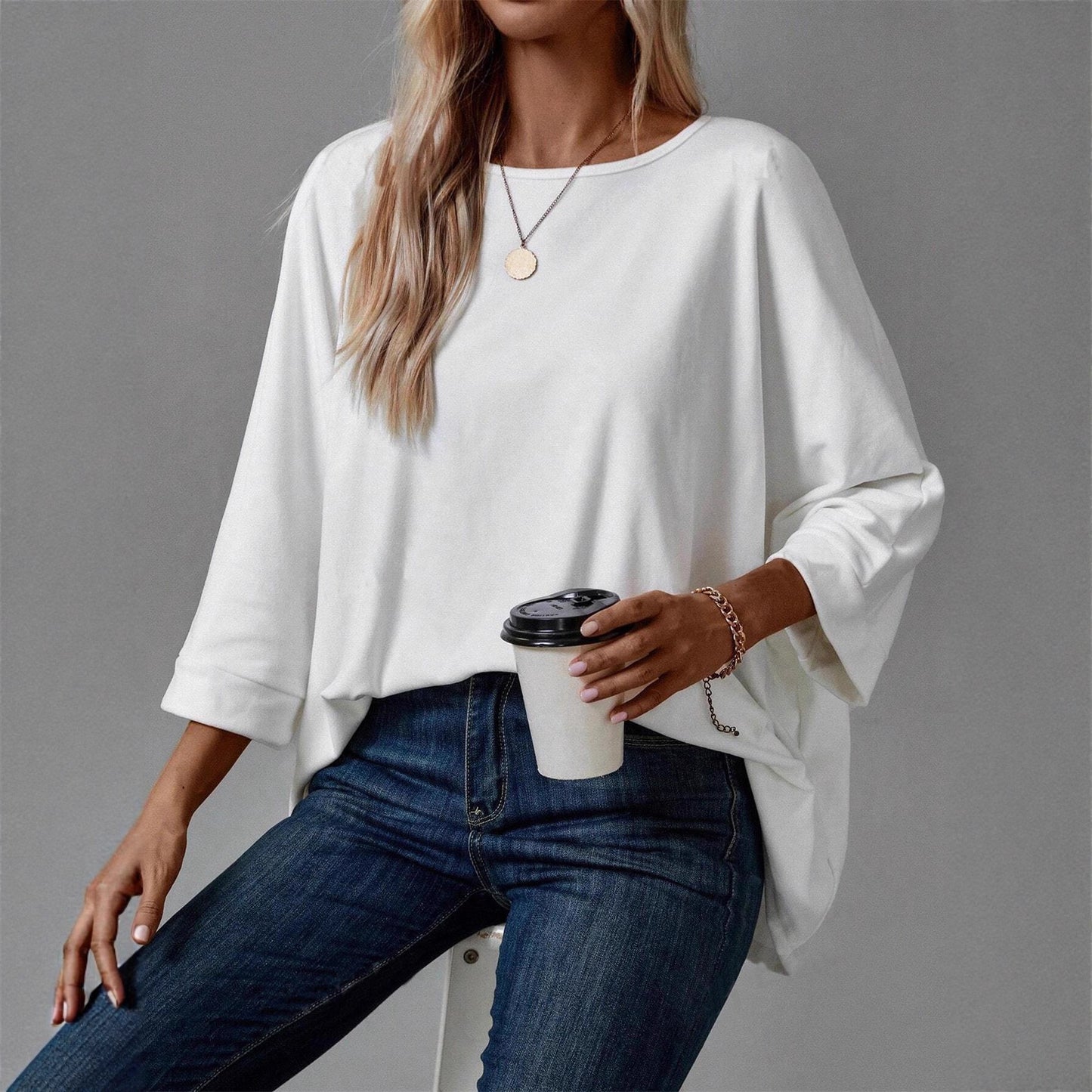 2025 new Amazon European and American cross-border women's clothing spring and summer round neck seven-quarter sleeve solid color casual loose T-shirt