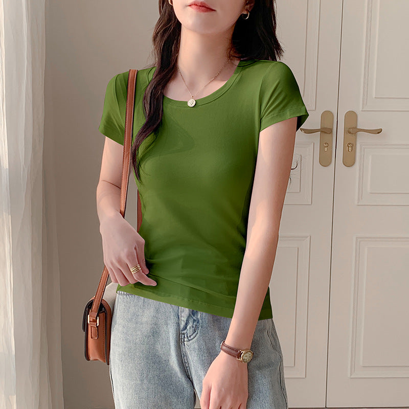 Grey V-neck short-sleeved t-shirt slim short summer half-sleeved top chicken heart neck t-shirt ins solid color