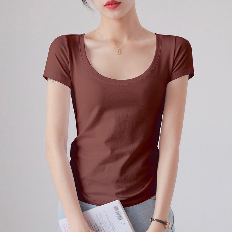 Light pink short-sleeved t-shirt women's pure cotton unique and beautiful early summer waist high-end summer slim-fit shoulder top