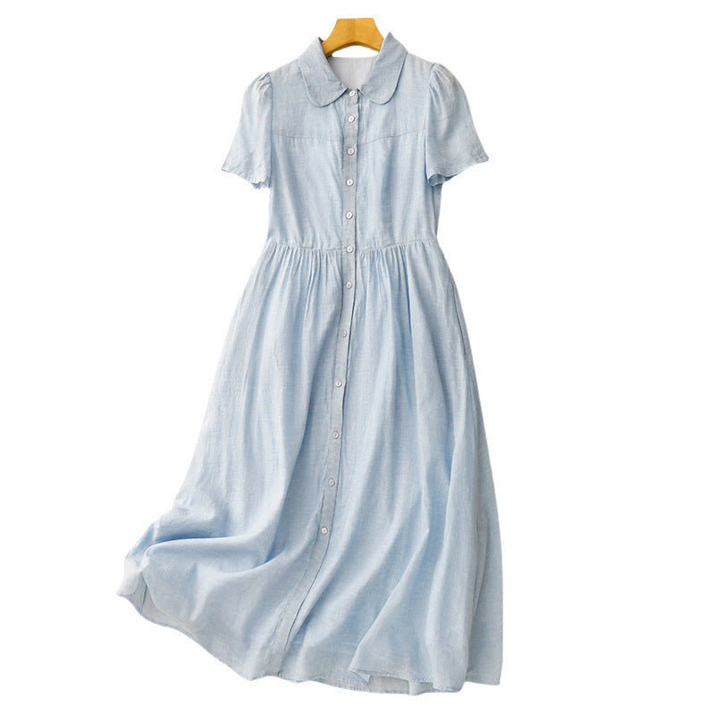 Real shot 2025 summer new cotton and linen literary loose casual large size doll collar dress women's clothing