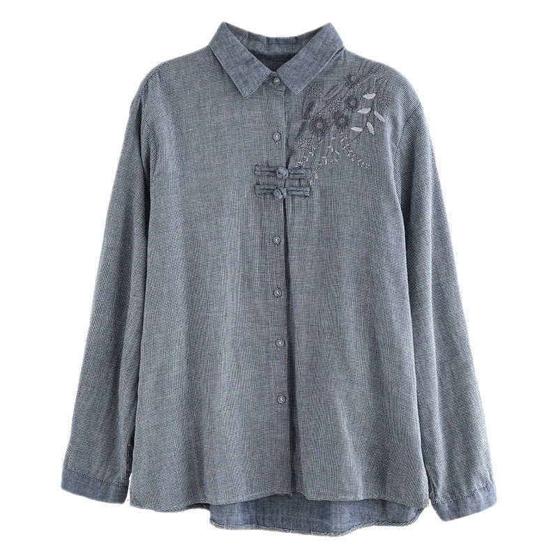 2024 Spring New Literary Loose Cotton and Linen Plaid Embroidery Lapel Button Long Sleeve Shirt Women's Shirt Top