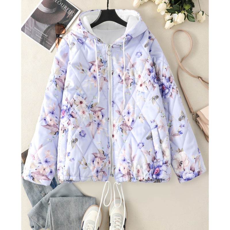 Real shot 2025 winter new hooded cotton clothes women's printing design white coat to keep warm