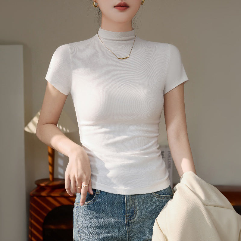 Straight shoulder short summer wear Korean base shirt short-sleeved T-shirt women's 2025 slim slim and sweet and spicy top