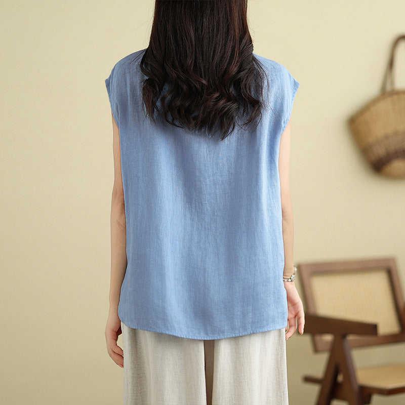 Real shot 2025 summer new literary loose solid color stand-up collar buckle pullover short-sleeved T-shirt women's top #759