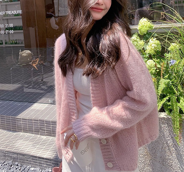 Transitional season knitted, soft cardigan lazy mohair small coat women's early autumn long-sleeved top