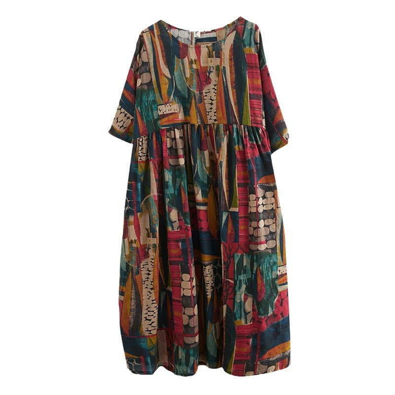 Real shot 2025 summer new literary large size loose printing round neck short sleeve dress women's long dress 6040 #