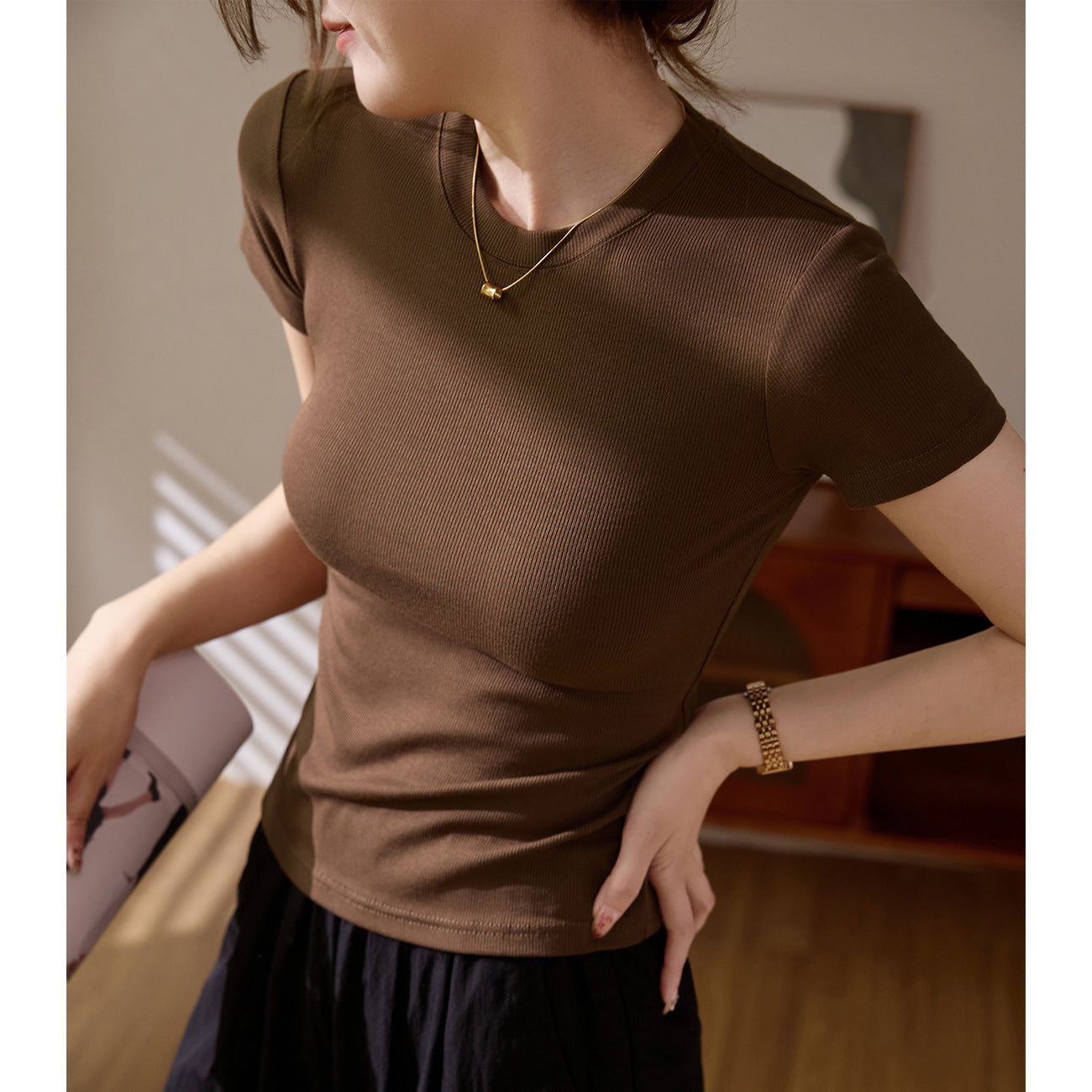 & Use good materials & high elastic cotton tight short-sleeved T-shirt women's summer 2026 new versatile top, thin crew neck bottoming shirt