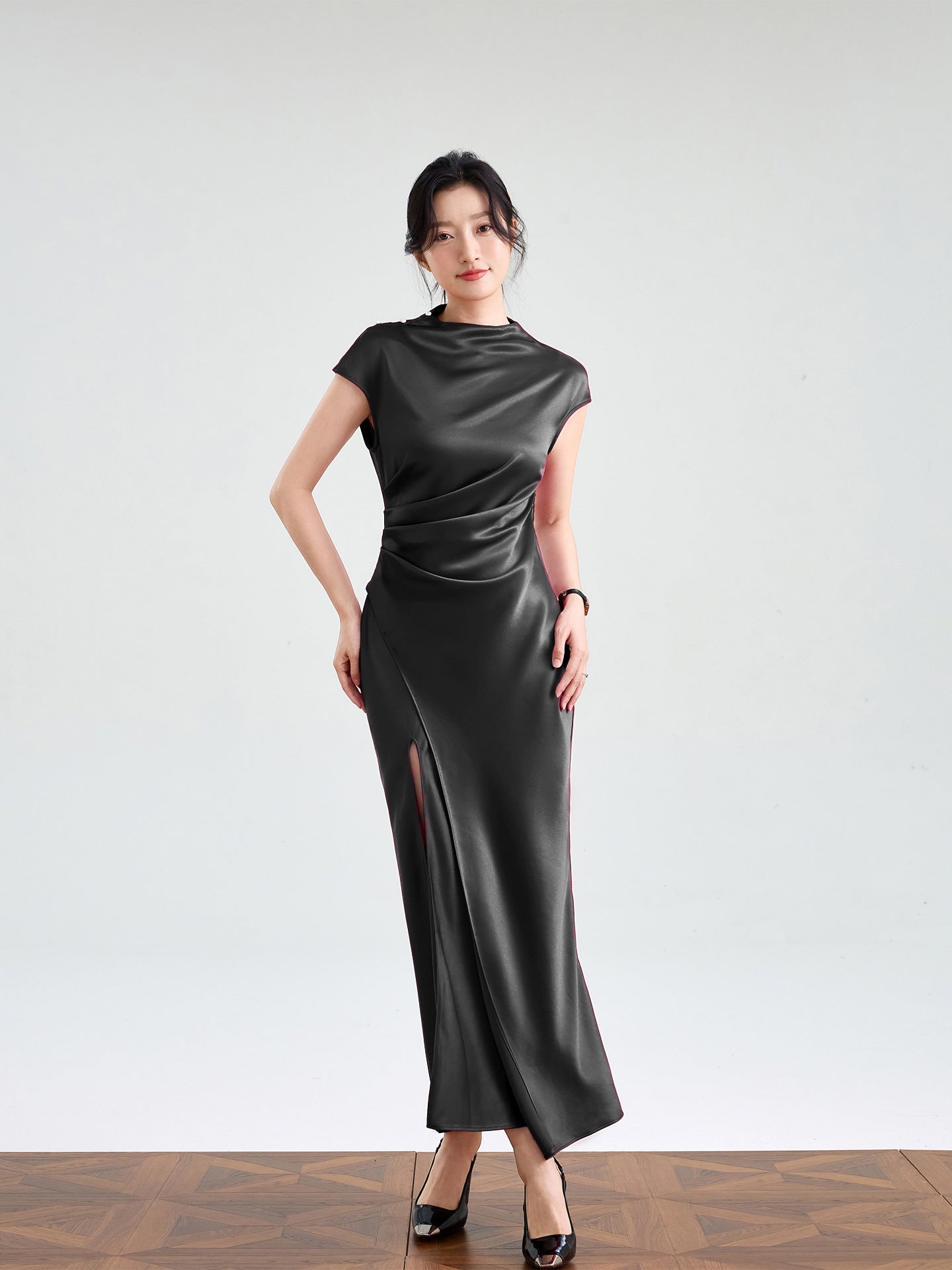 Haute couture imported acetic acid, pure desire style semi-turtleneck satin dress temperament thin split fork fish tail long dress French