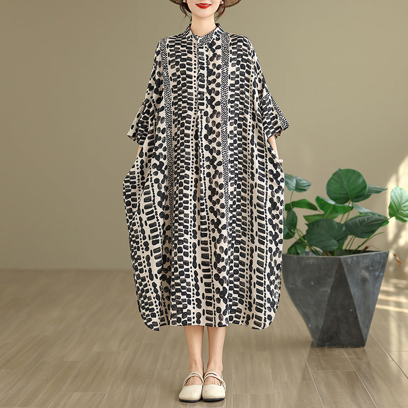 2025 autumn new literary and retro cotton and linen printing stand-up collar loose super long large size vacation dress women's clothing