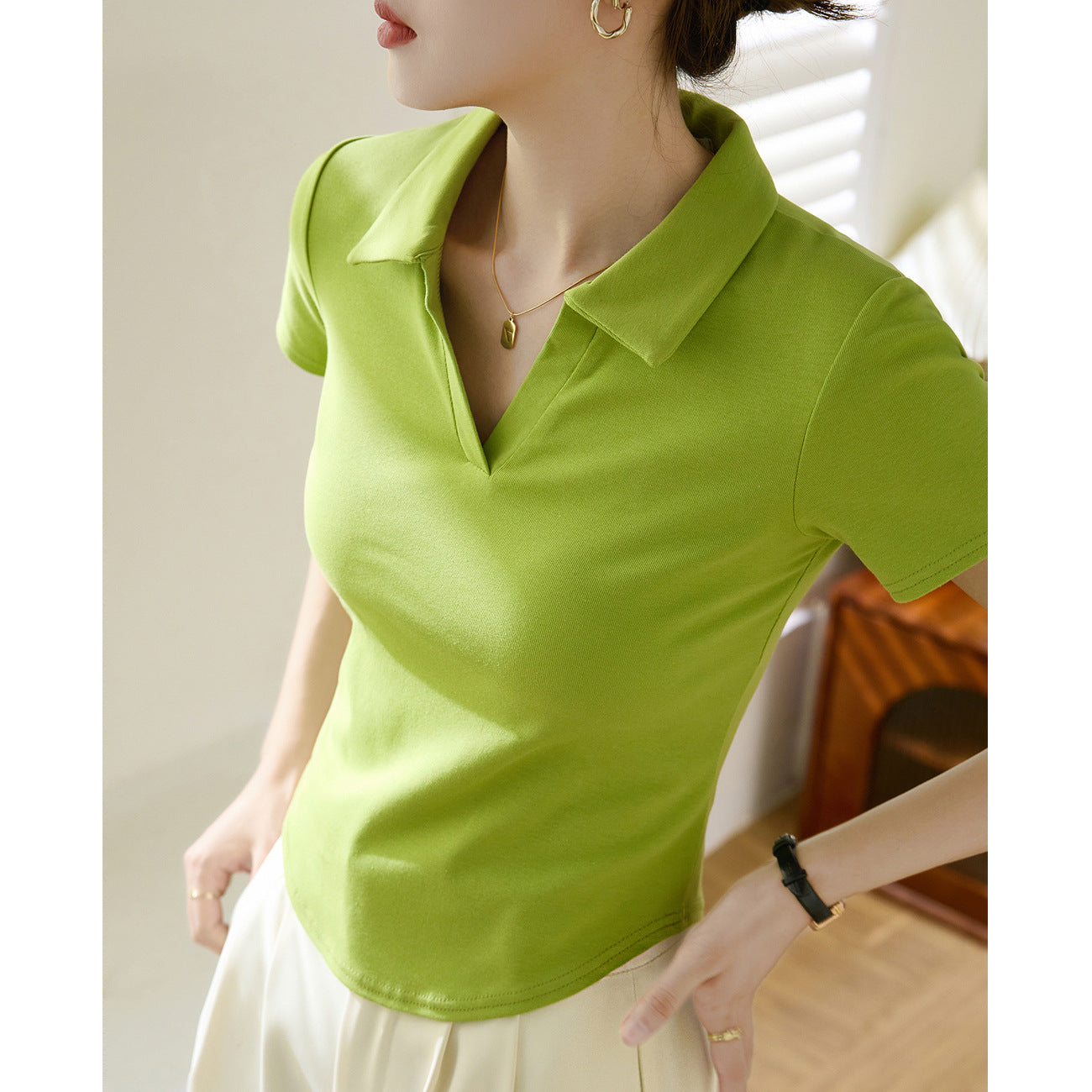[High quality] Polo collar curved short-sleeved T-shirt women's summer 2026 new front shoulder slim-fit pure cotton top