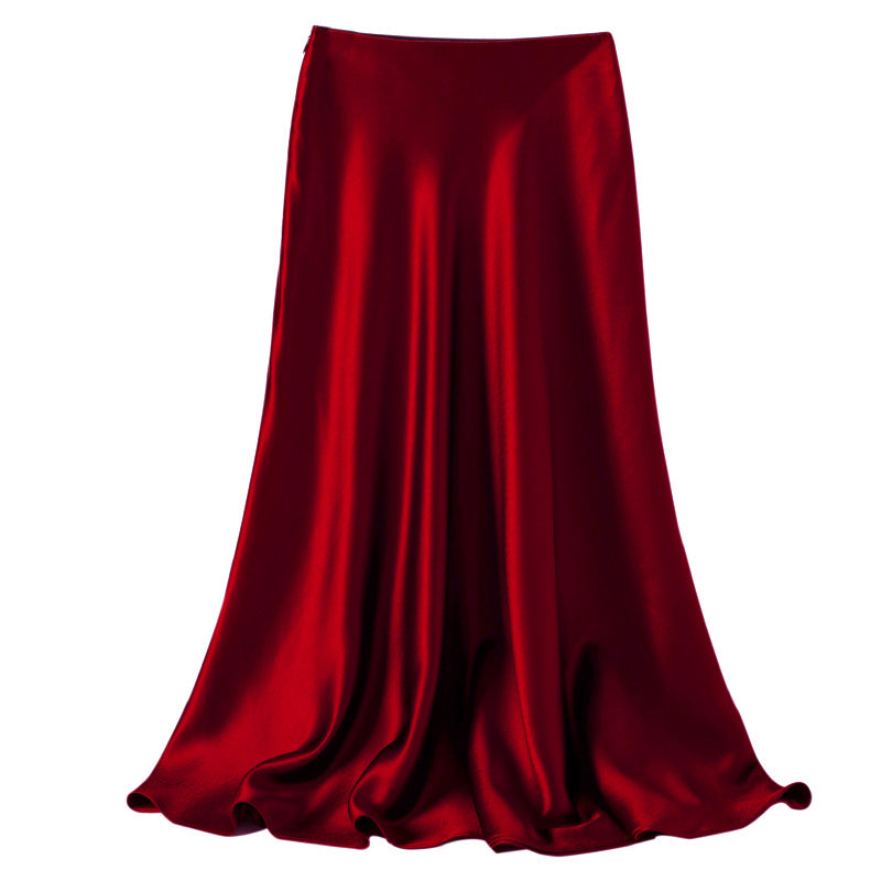 Fried Street Elastic Waist Acetic Acid Skirt High-end Silky 2025 Spring and Summer New Over-the-Knee Swing Skirt