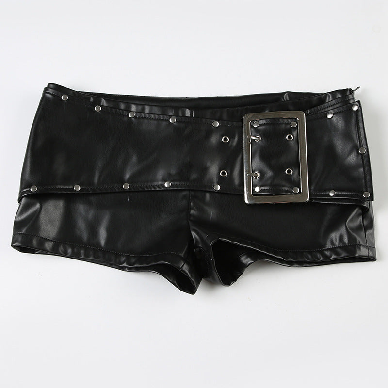 ins design sense rivet day buckle belt low waist leather pants Spice girl dark punk style straight versatile shorts