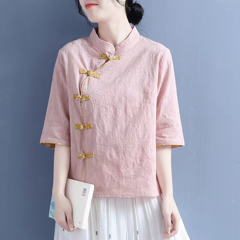 2024 summer new cotton and linen diagonal placket floral disc buckle stand-up collar medium sleeve Chinese style literary and retro shirt top women