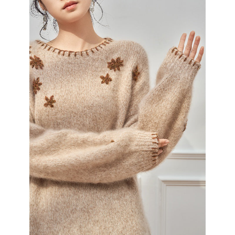 [JOMI STUDIO] Camel flower embroidered soft waxy knitted sweater autumn and winter lazy high-end sense
