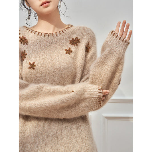 [JOMI STUDIO] Camel flower embroidered soft waxy knitted sweater autumn and winter lazy high-end sense