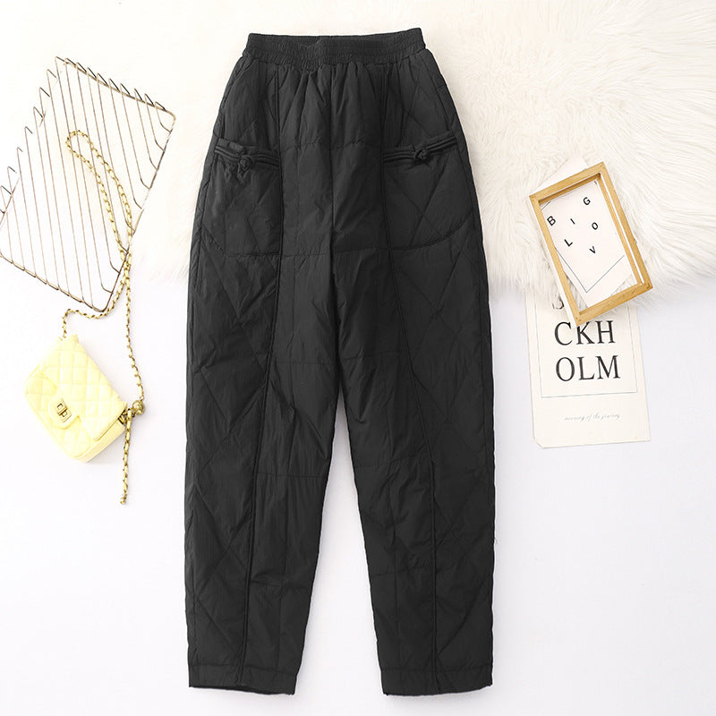 Real shot 2025 winter new retro national style buckle solid color cotton pants thickened warm women's casual pants