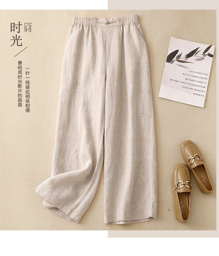 Real shot 2025 summer new thin Chinese buckle casual pants nine-point pants literary large size wide-leg women's pants