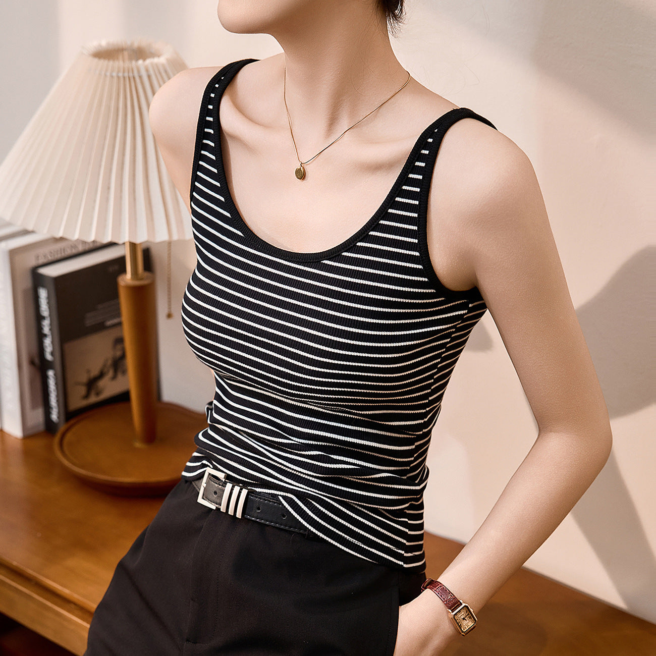 Selection of 260g pure cotton striped sling vest women's summer 2026 new U-neck slim-fitting and thin bottom outer top